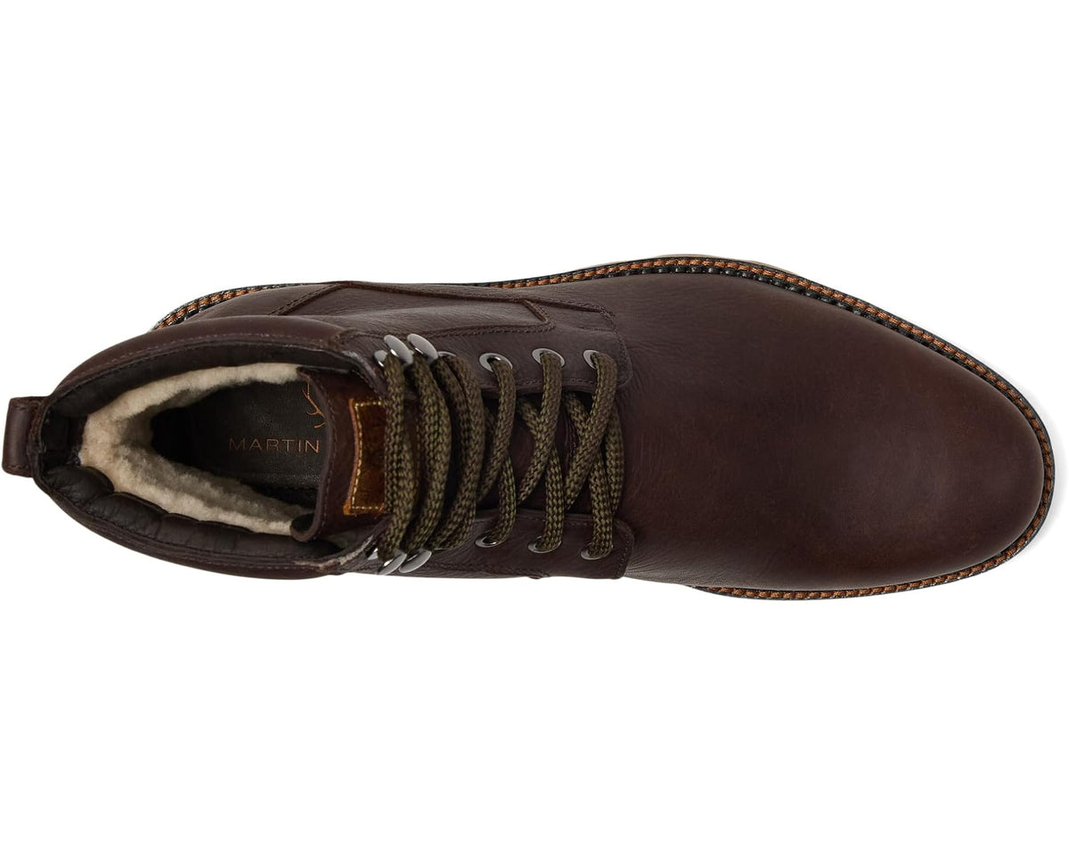 Men's walnut lace-up boot with shearling-style lining and stitched toe