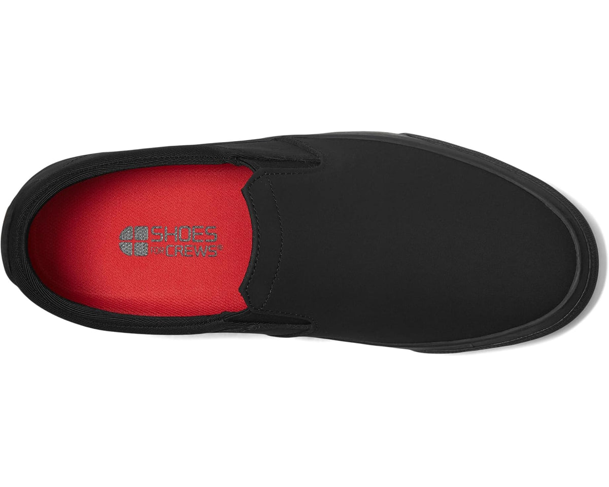 Black slip-on shoe showing red interior lining and logo on insole