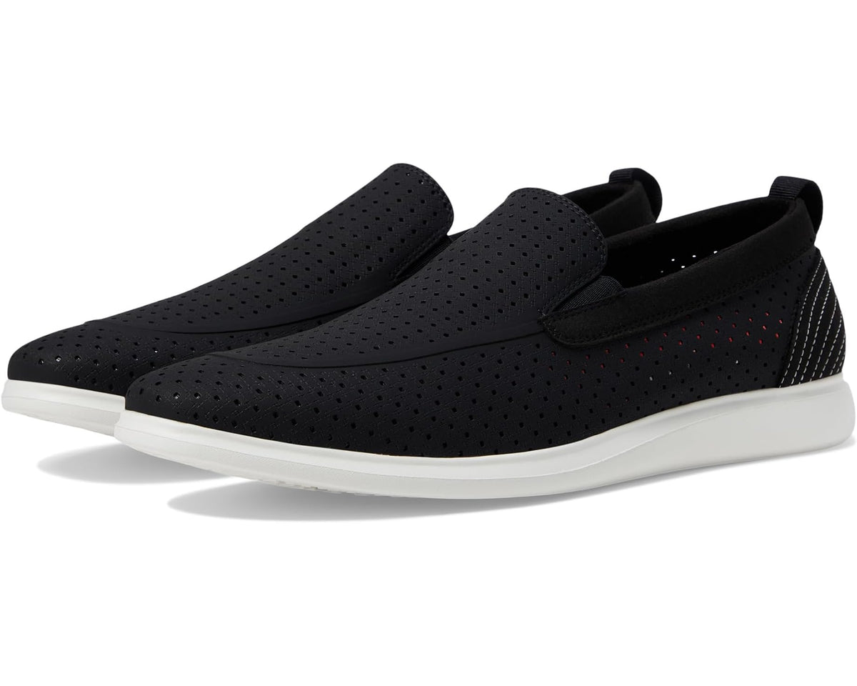 Men's black perforated slip-on loafer with moc-style toe and cushioned sole