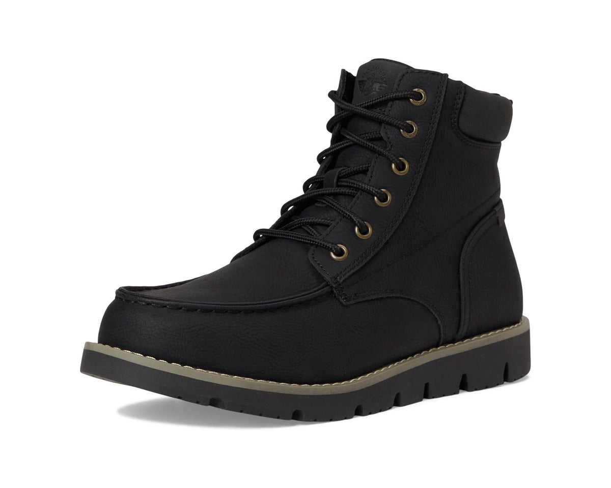 Black lace-up chukka boot with round toe, side panel seam, and lug sole