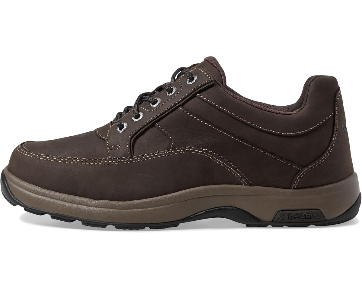 Brown nubuck lace-up oxford shoe, angled side view with contrast stitching