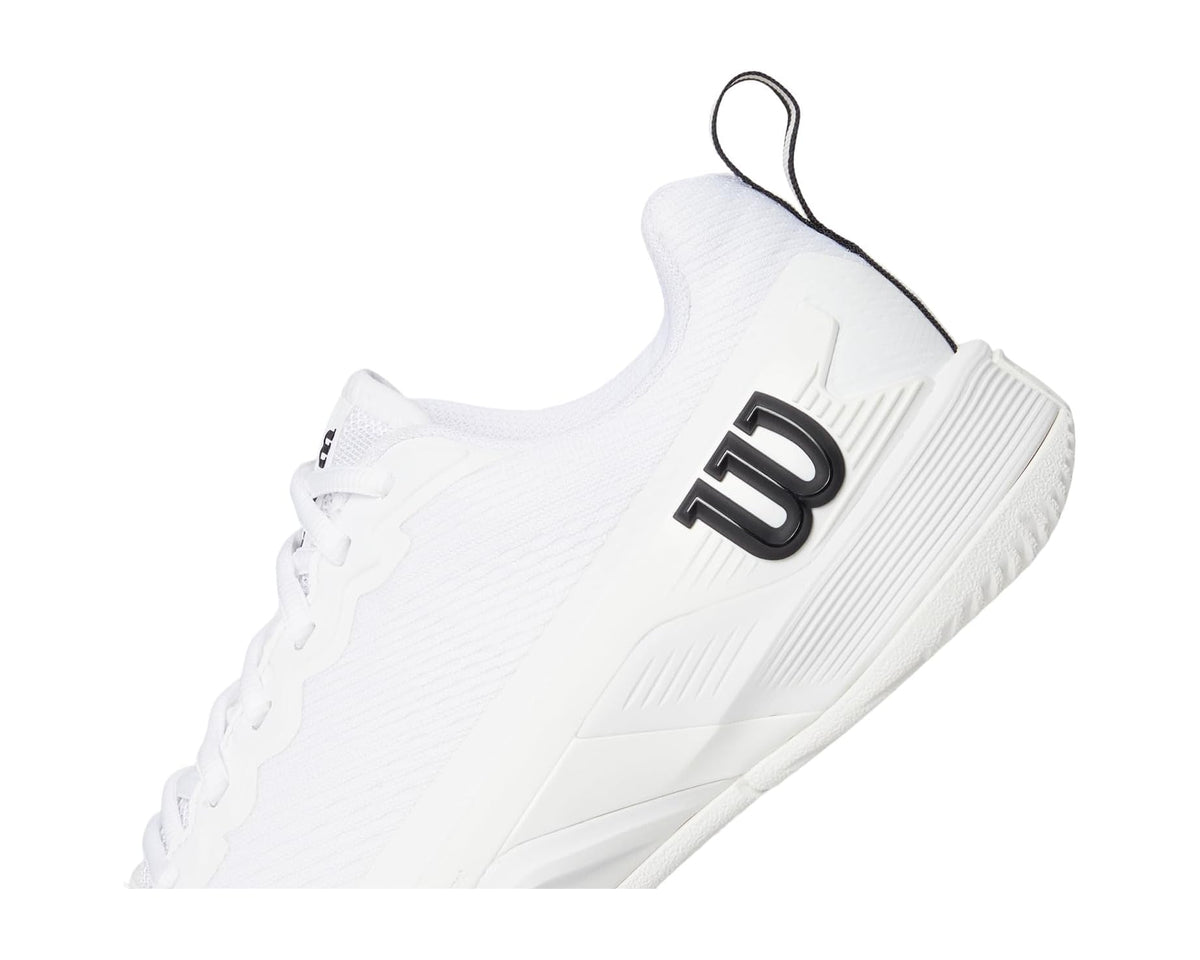 White lace-up tennis shoe close-up of side logo and textured knit upper