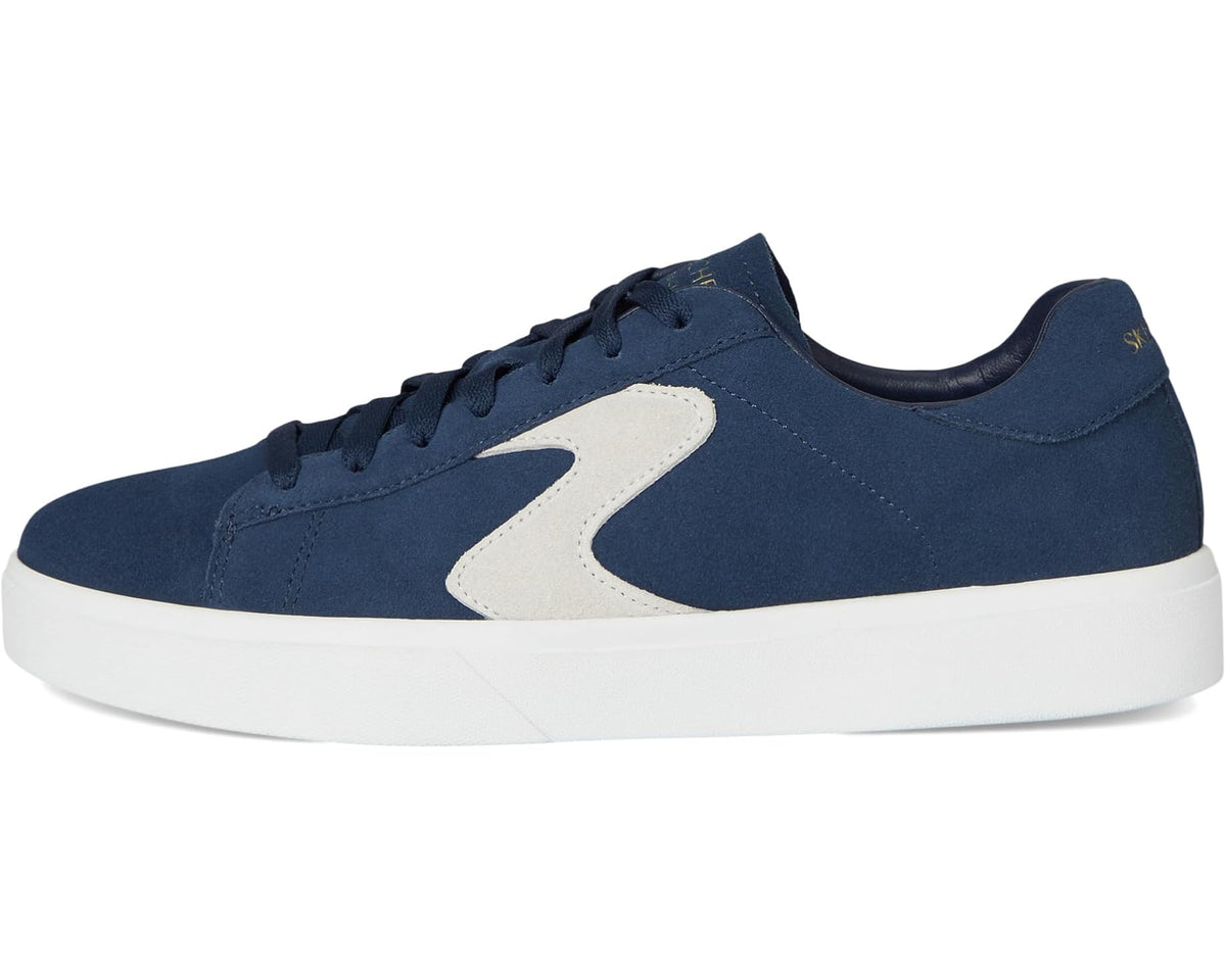 Men's navy suede low-top lace-up sneakers with off-white side stripe and white sole
