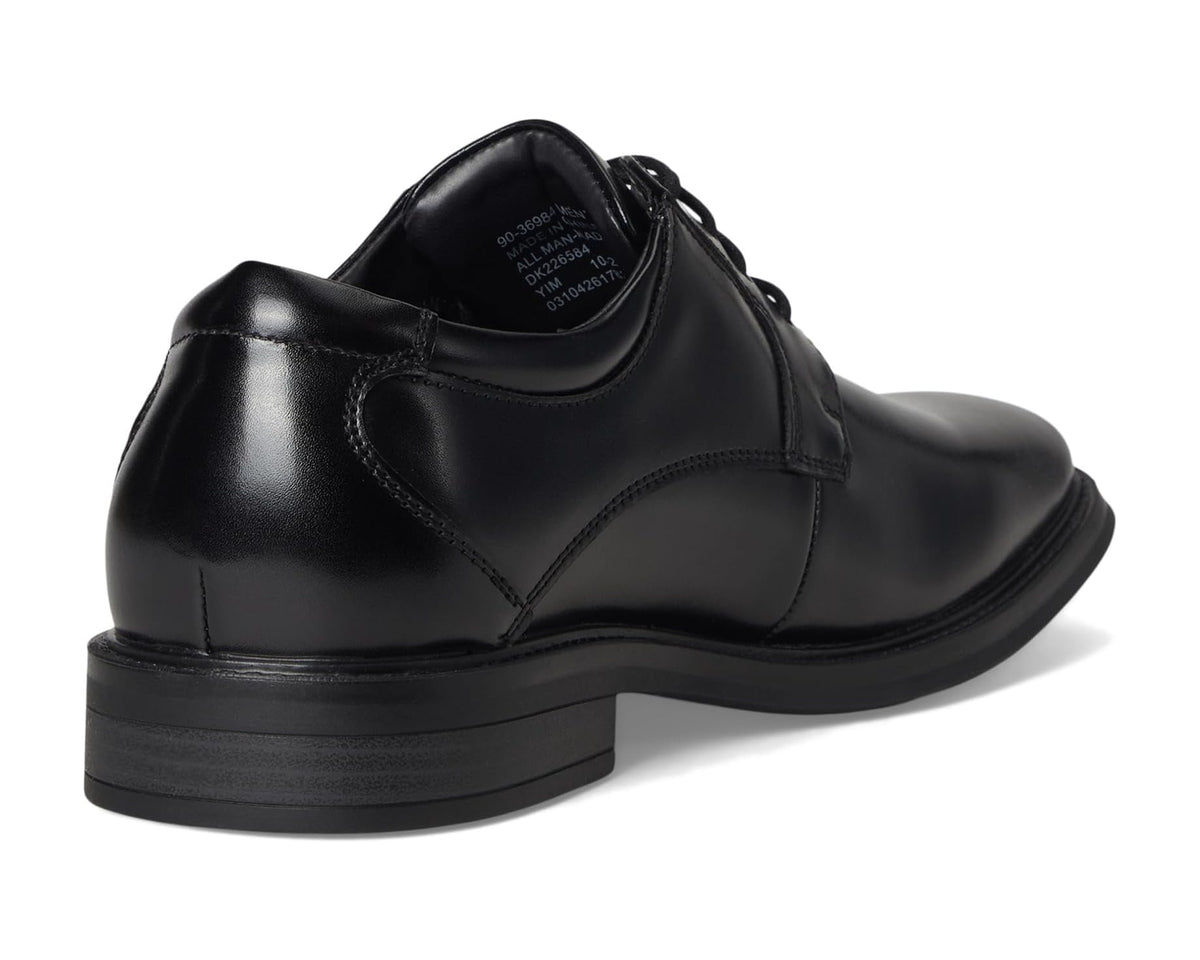 Black leather lace-up dress shoe back view with heel and cushioned collar