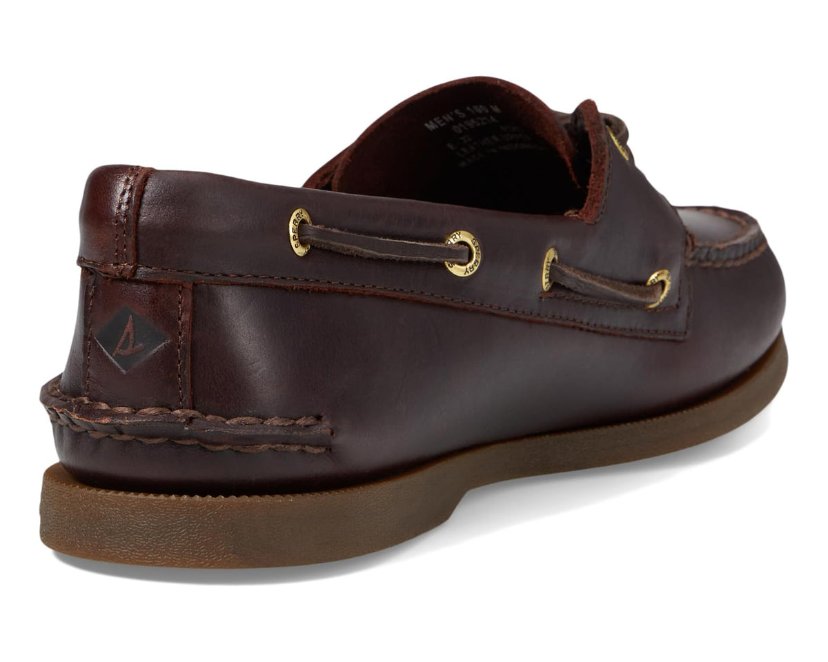 Men's Sperry boat shoes heel, dark brown leather with stitched collar and gold eyelets