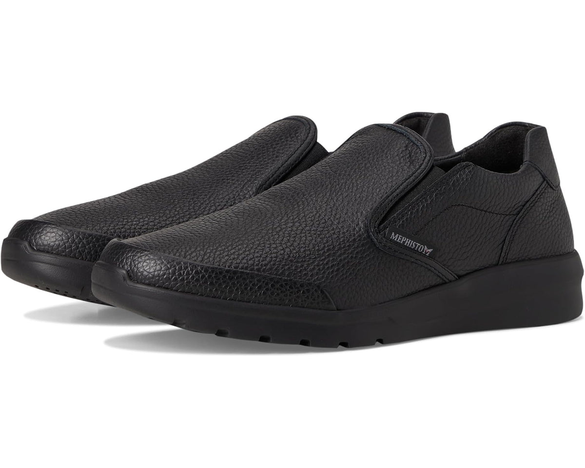 Men's black slip-on leather shoe with textured upper and Mephisto side logo