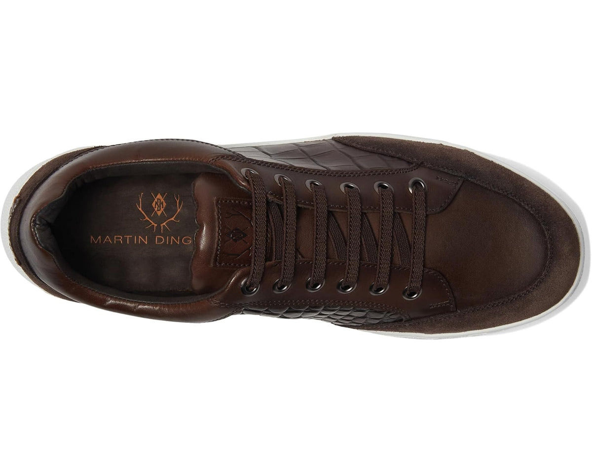 Dark brown leather sneaker interior view with MARTIN DING logo on insole