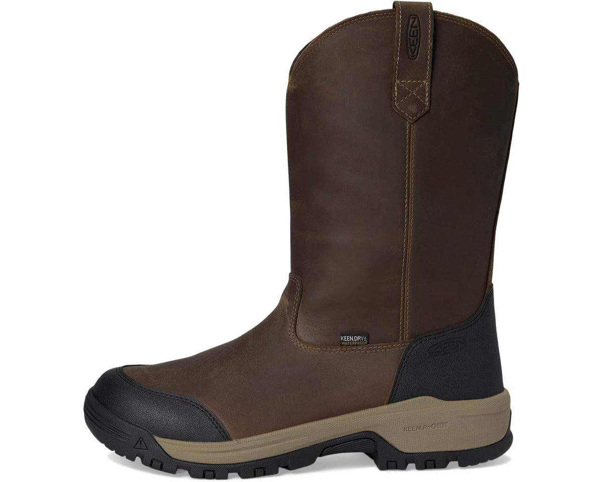 Brown pull-on work boot with vertical side panel, pull tab, and cushioned sole