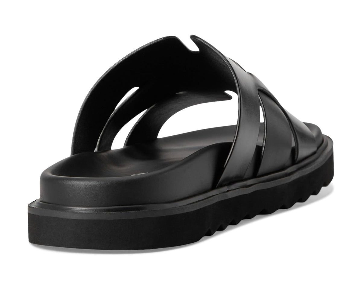 Black slide sandals with two-bar upper and thick platform sole