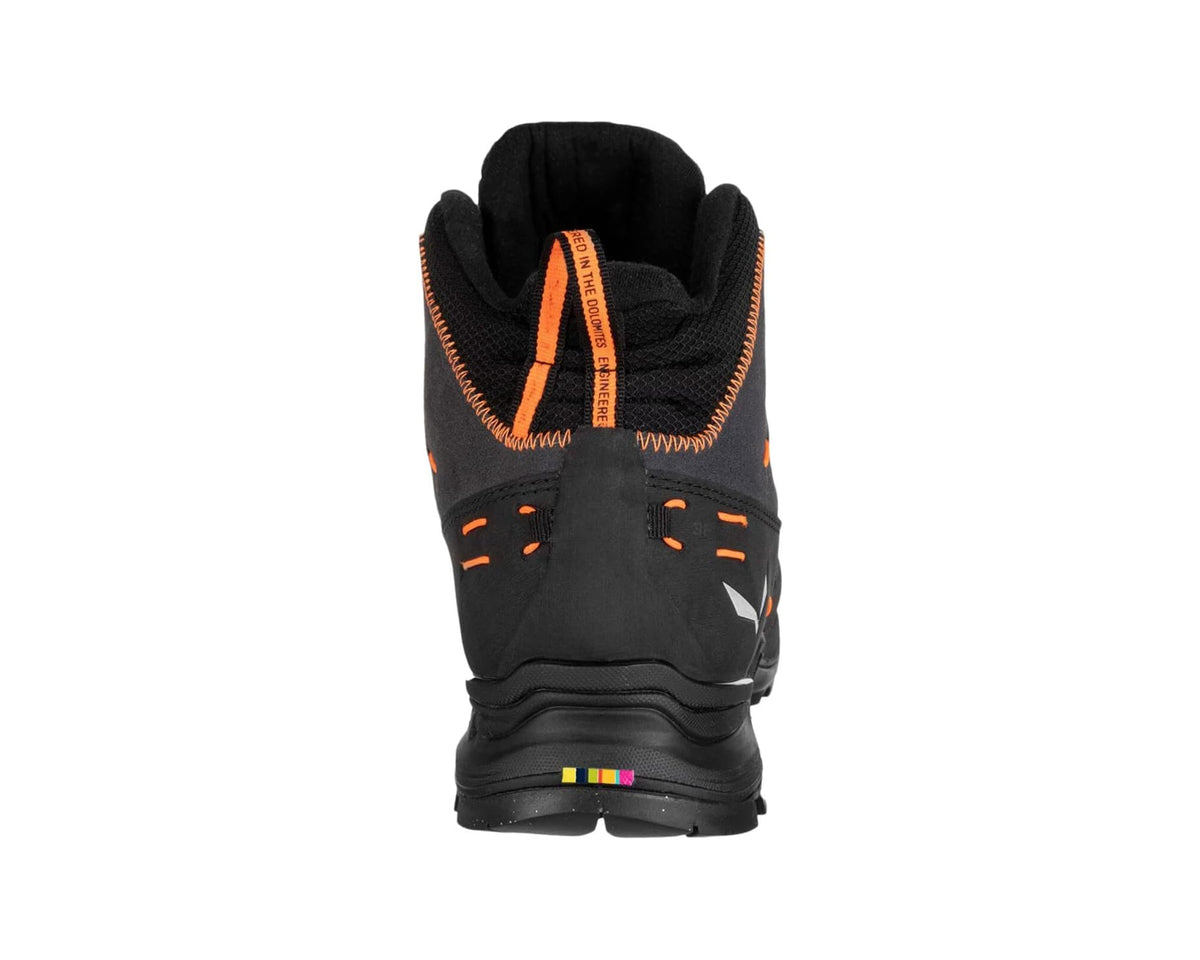 Men's mid winter hiking boots, black back with orange accents and cushioned collar