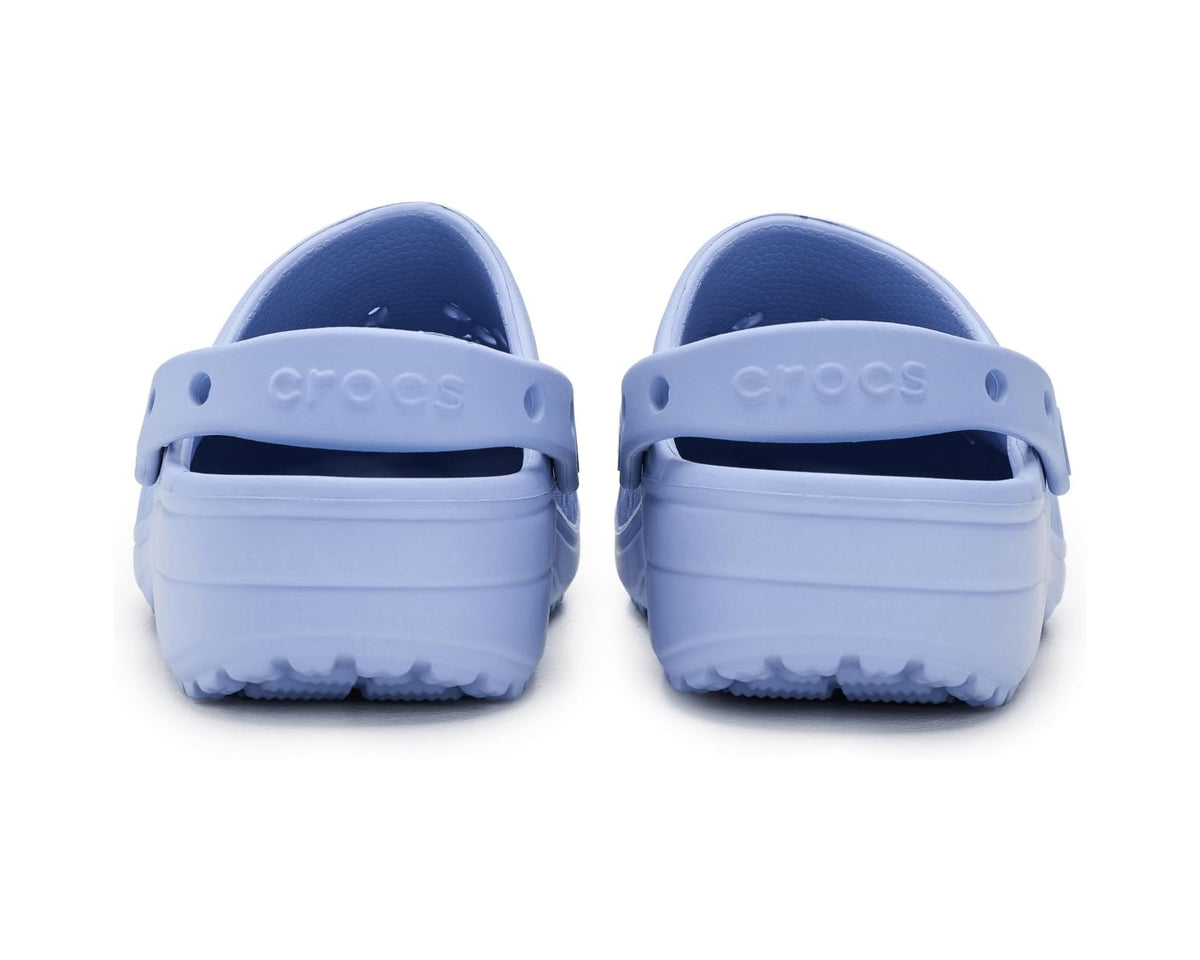 Back view of Blue Haze Crocs clogs with heel strap and Crocs logo on the heel