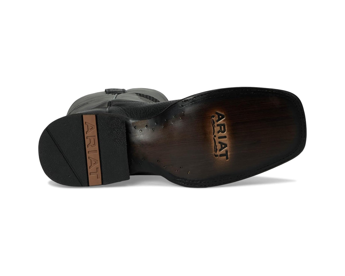 Black cowboy boot outsole with Ariat logo and low stacked heel