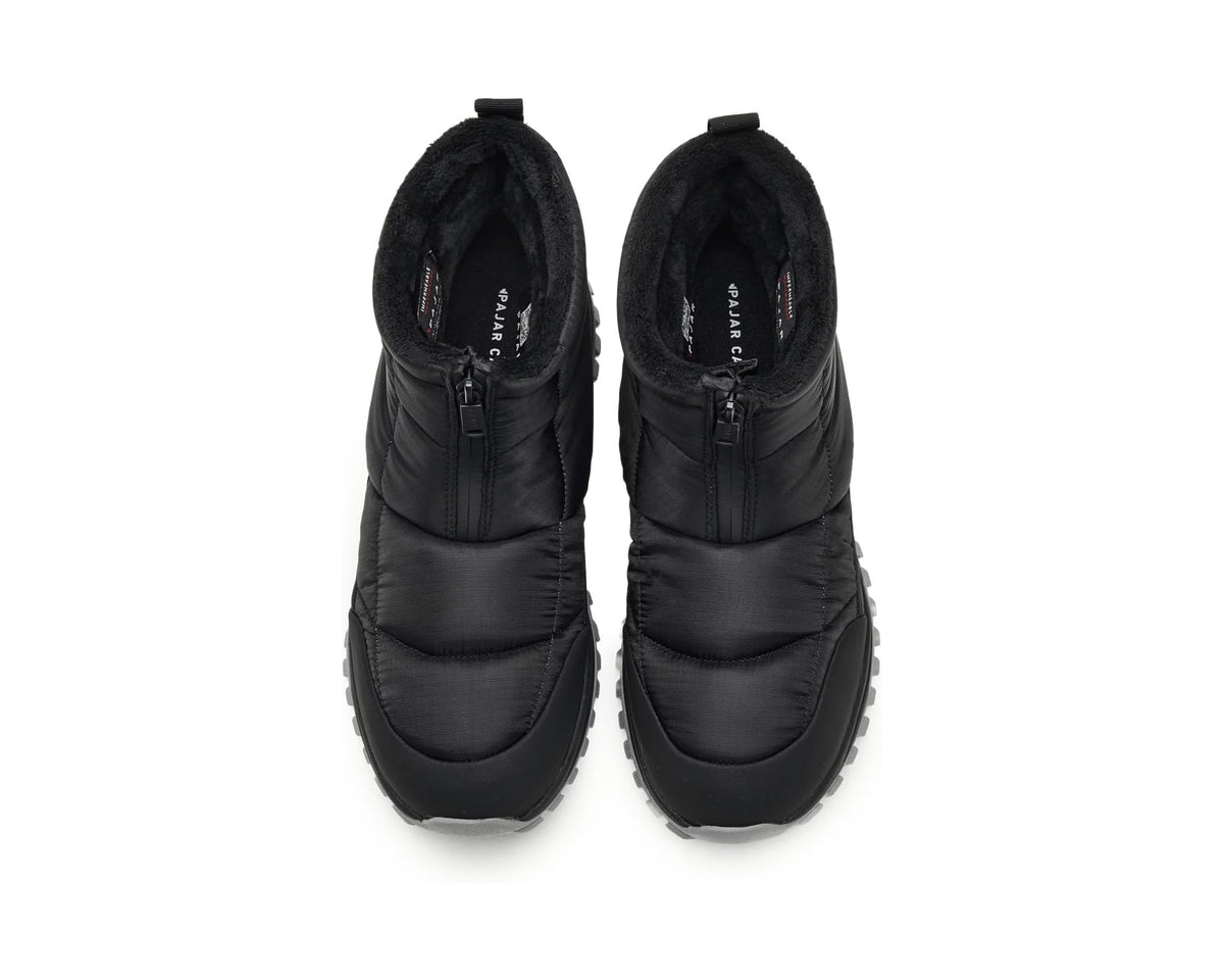 Pair of men's black puffer winter boots with zipper opening and cushioned collar