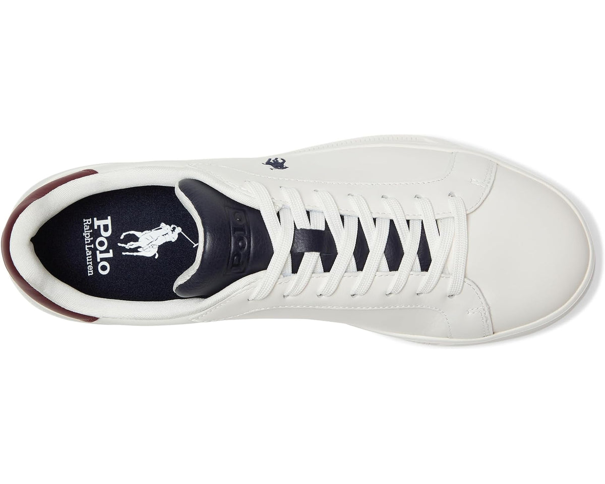 Men's Polo Ralph Lauren leather sneakers, side view with navy interior and off-white uppers