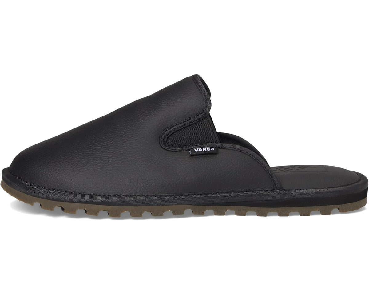Unisex black leather mule slipper with side gore panel and grippy outsole