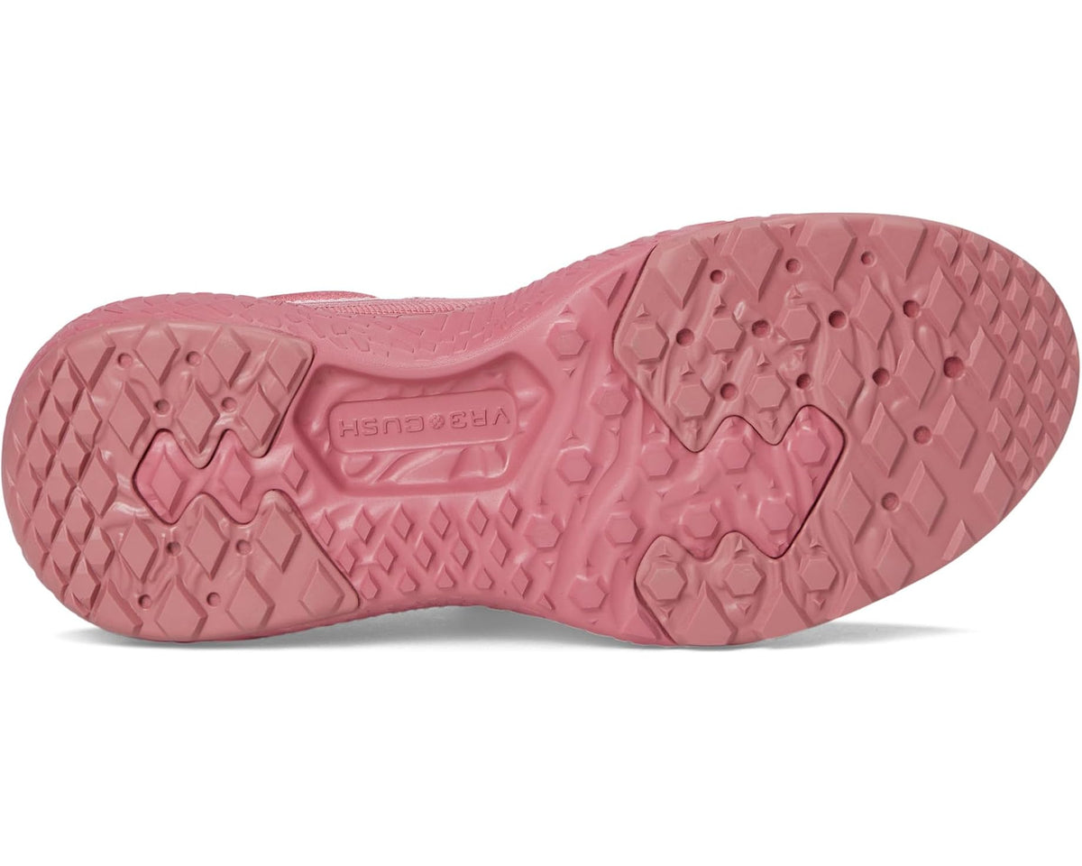 Mauve rubber outsole sneaker with textured tread and embossed trail pattern