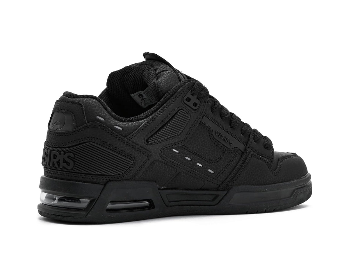 Men’s black Osiris sneakers, angled side view with air-cushion midsole