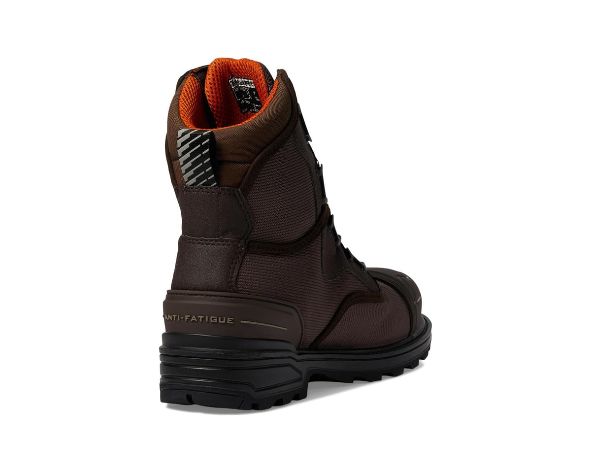 Brown 8-inch safety boot with orange lining, heel pull tab, and chunky outsole