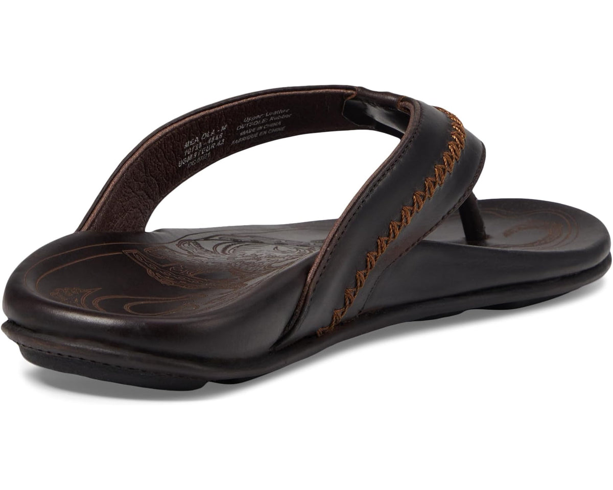 OluKai men's dark brown flip-flop sandals with cushioned footbed and stitched strap