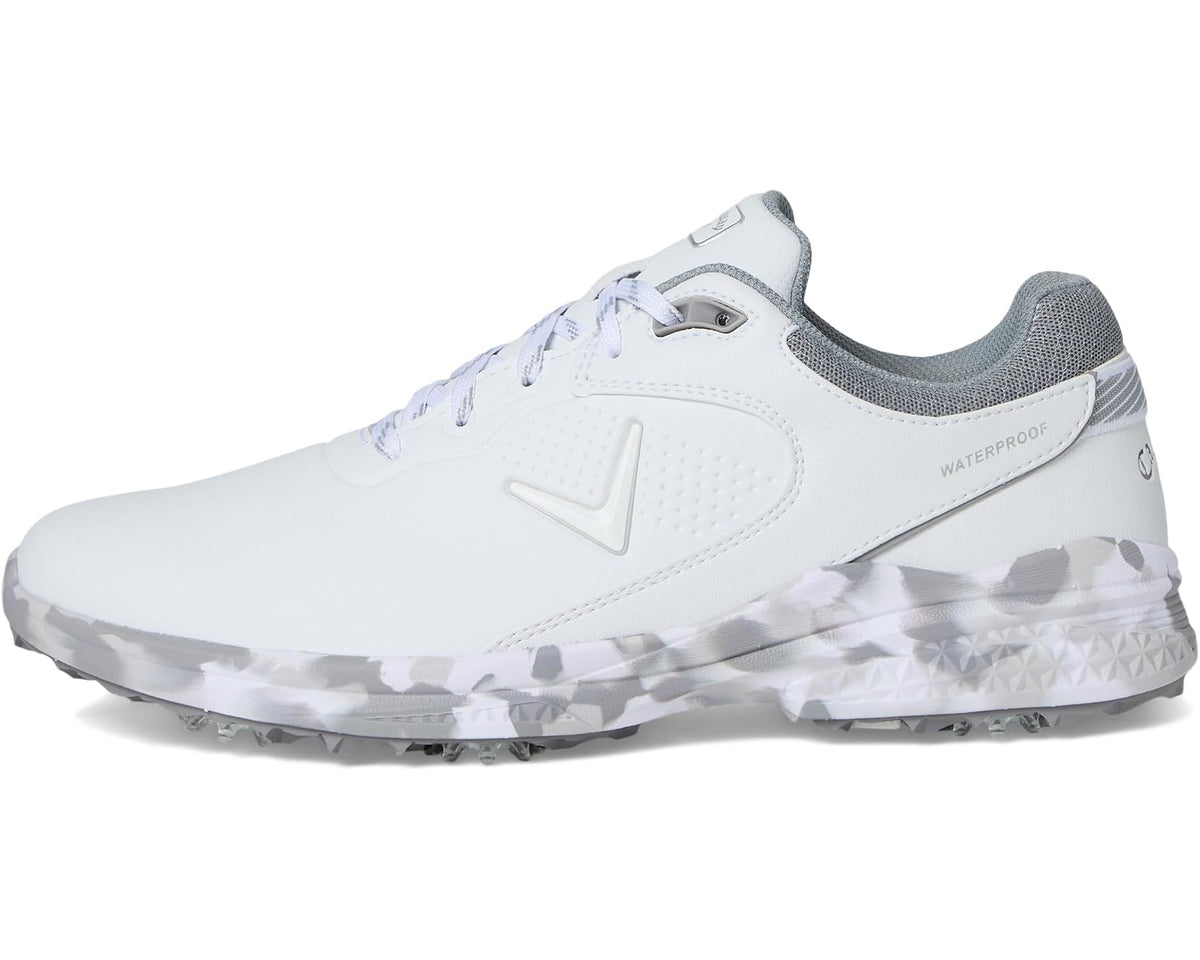 Men's white and grey lace-up golf shoe with waterproof label and camo traction sole