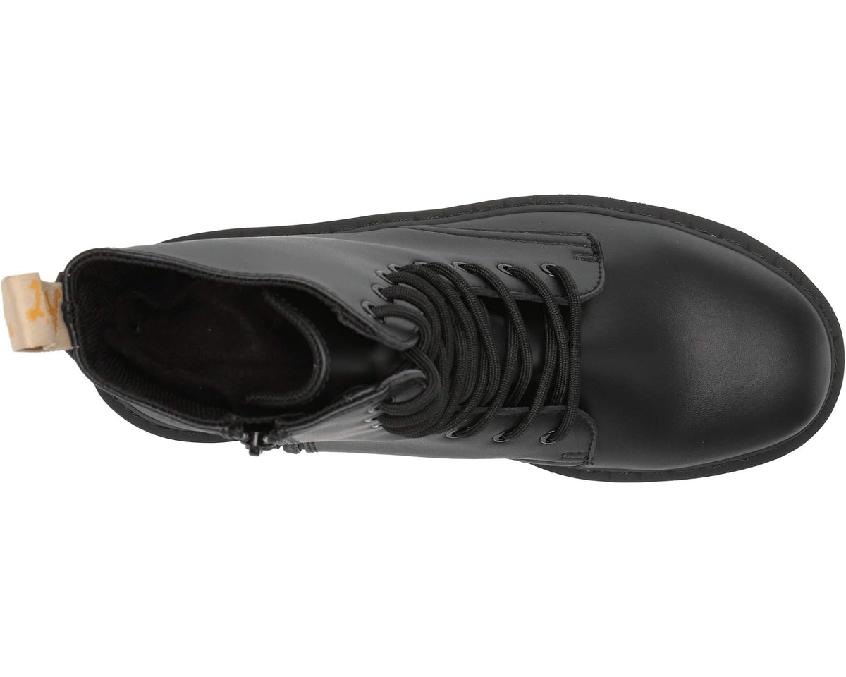 Dr. Martens Jadon II vegan black boots, side view with black laces and padded collar