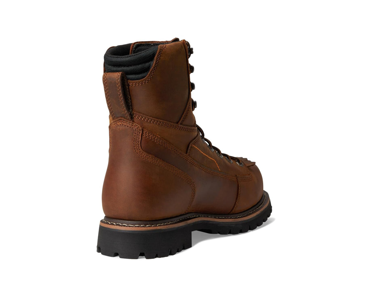 Men's copper brown work boots rear view with padded collar and black outsole