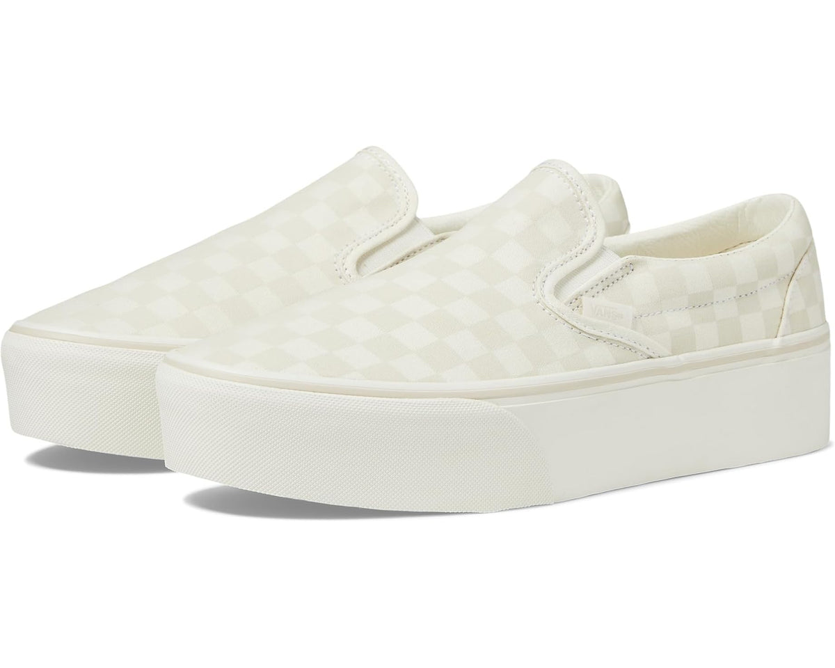 Unisex Vans checkered canvas slip-on platform sneakers in light cream/ivory