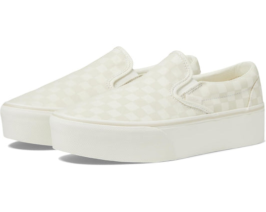 Unisex Vans checkered canvas slip-on platform sneakers in light cream/ivory