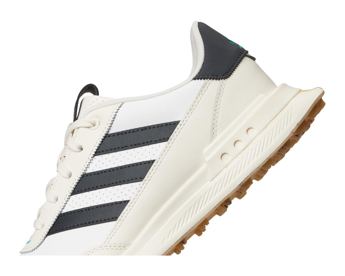 Men's adidas spikeless golf shoe side profile with laces, white leather and dark stripes