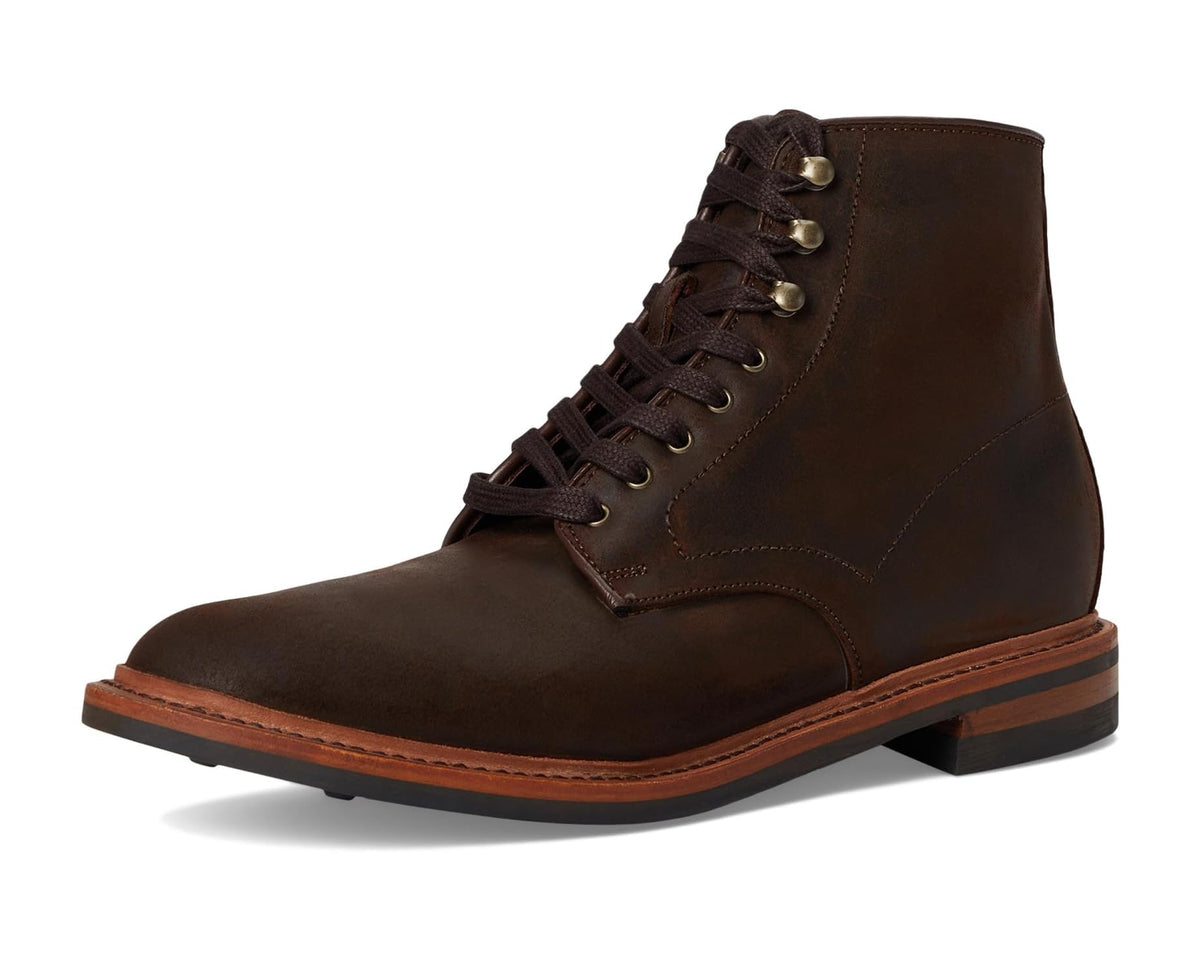 Men's brown waxed suede lace-up ankle boots, front view with dark laces