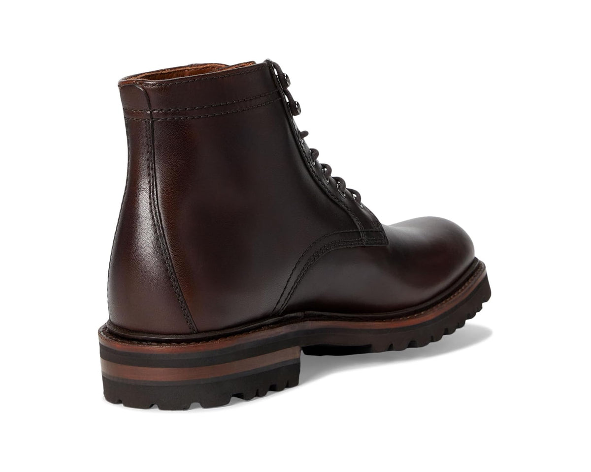 Brown lace-up ankle boot with round toe and chunky lug sole