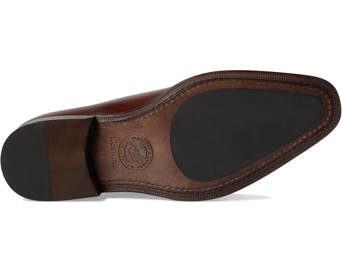 Men's mahogany leather dress shoe outsole and moc-toe edge stitching detail
