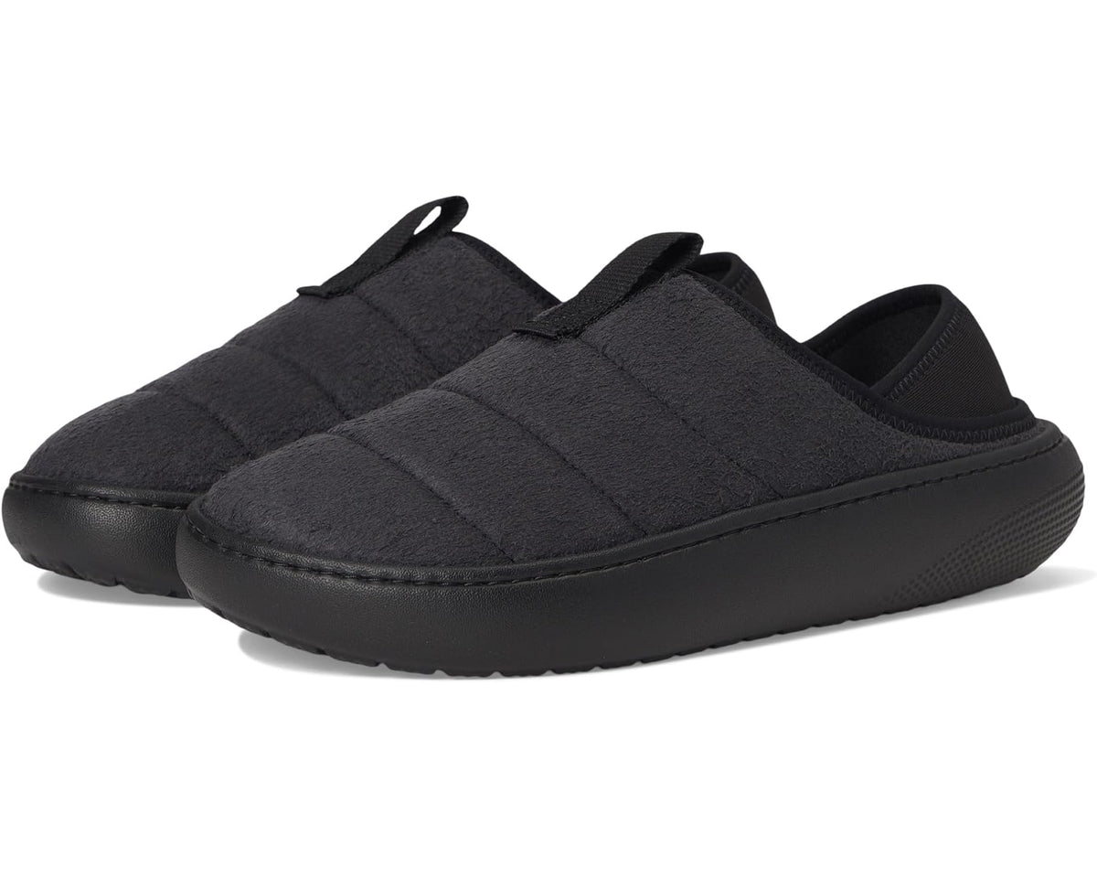 Black suede slip-on moc clog with padded collar and Crocs logo badge