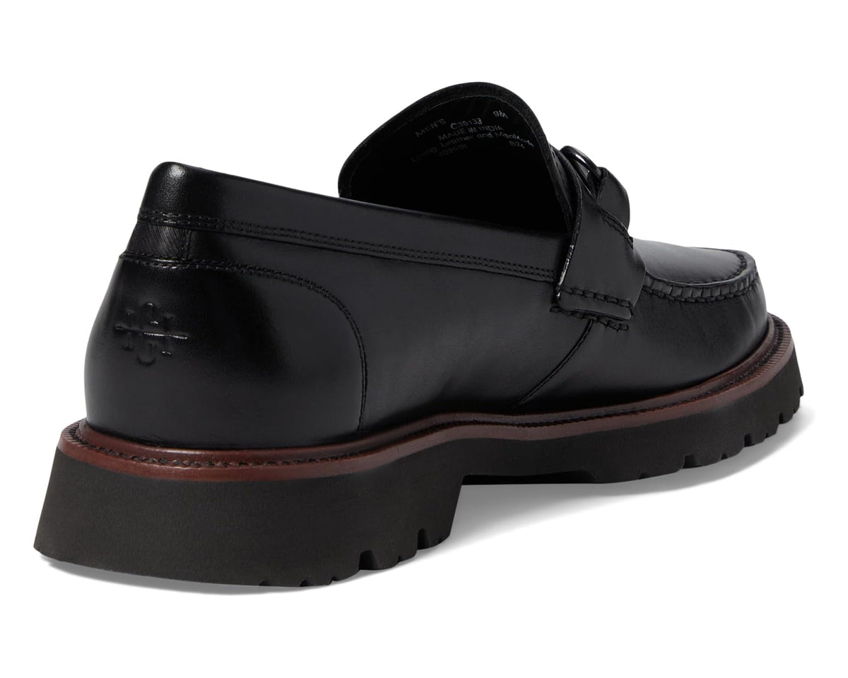 Black leather loafer heel view with padded collar and cushioned footbed