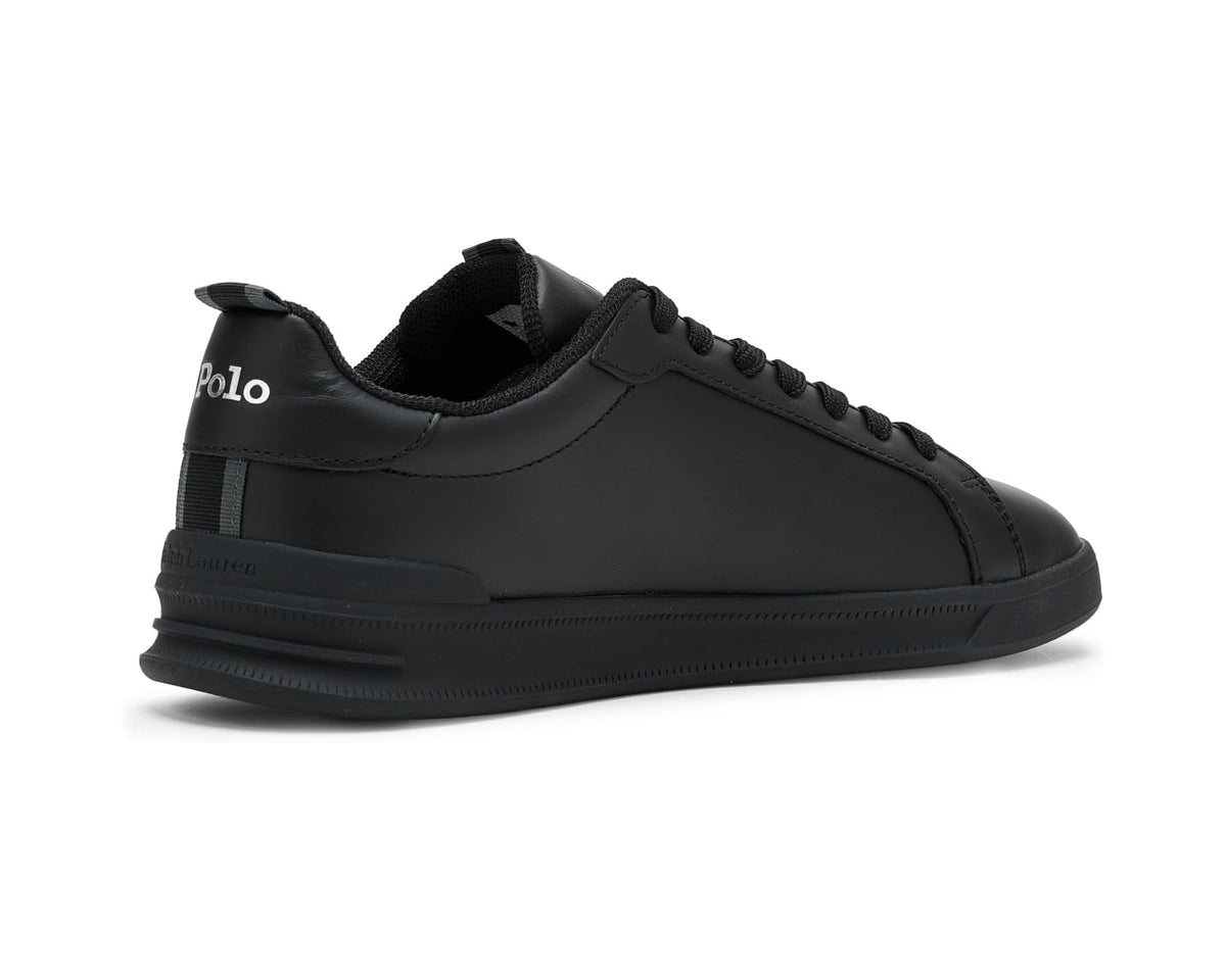 Black leather low-top sneaker side view with Polo logo on heel tab