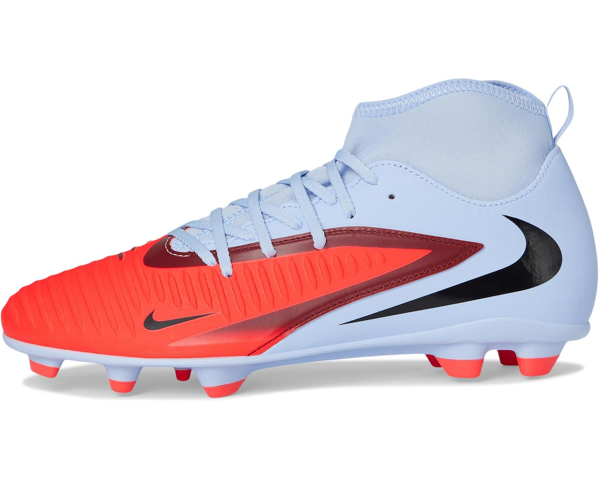 Light blue and bright red high-top soccer cleat with black swoosh and white laces