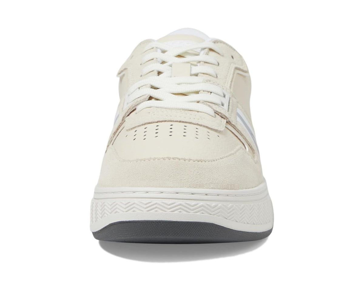Off-white Lacoste L001 sneakers, front view with lace-up and wavy midsole