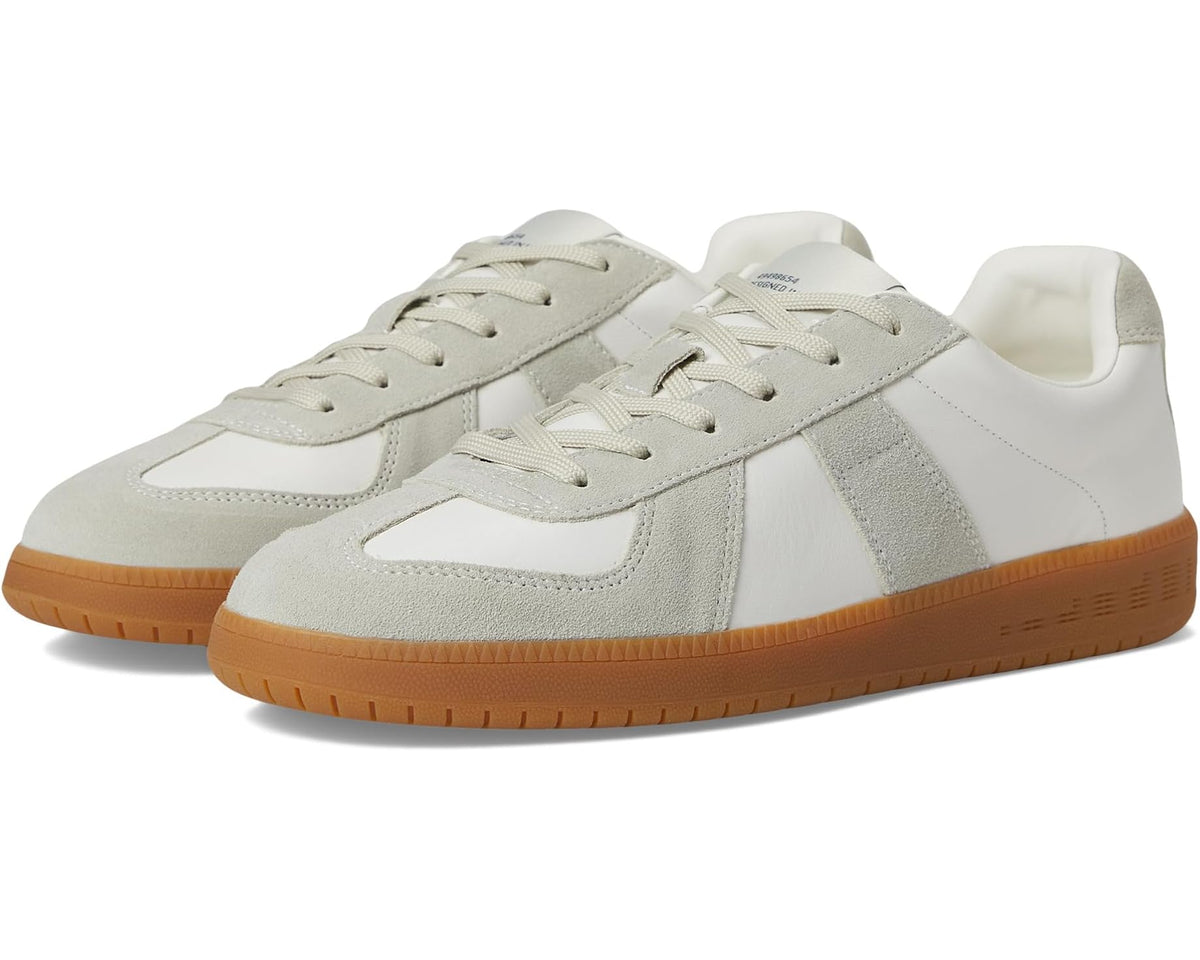 Men's Steve Madden Dixon leather sneakers, white with gray panels, lace-up, gum sole.