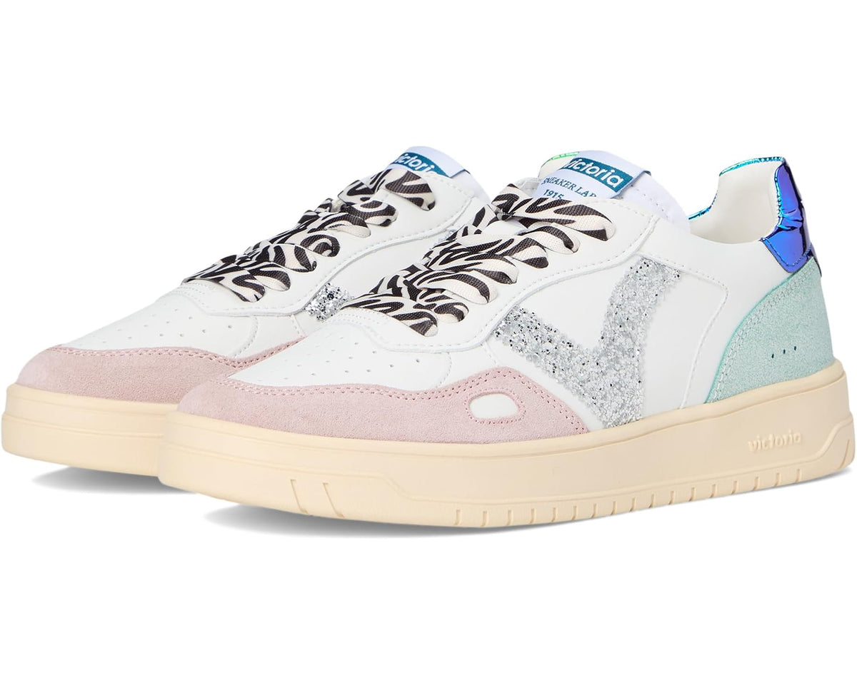 Unisex suede sneakers with zebra laces, glitter panel, and pastel pink/blue accents