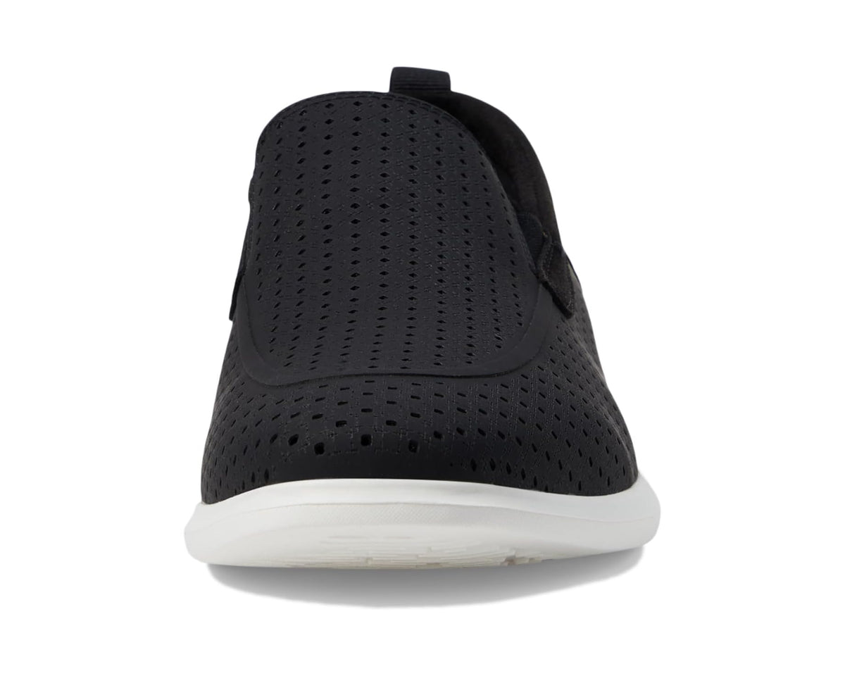 Men's black perforated slip-on loafer back view with pull tab and white sole edge