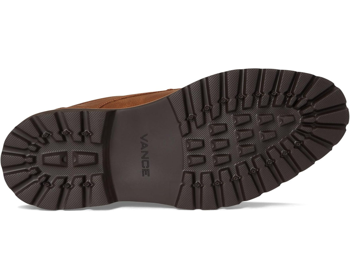 Outsole view of walnut-brown lace-up shoes with VANCE logo and deep tread