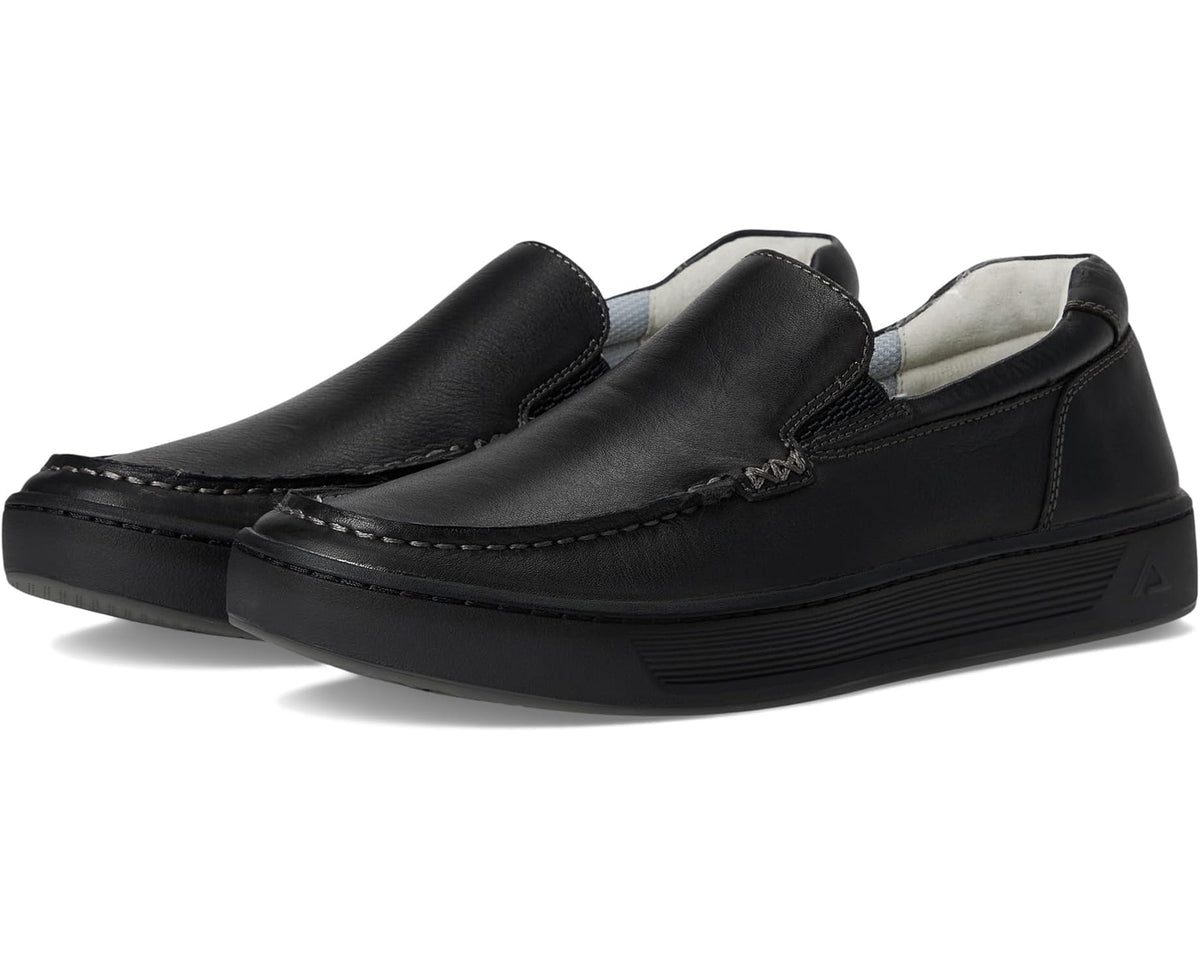 Black slip-on loafer with stitched moc toe and low profile rubber sole
