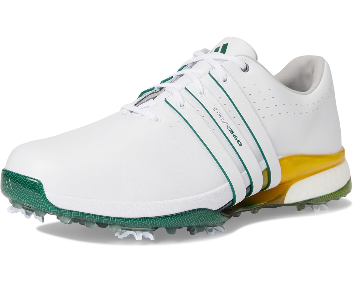 Men's adidas golf shoes front view, white with green stripes and yellow heel, lace-up
