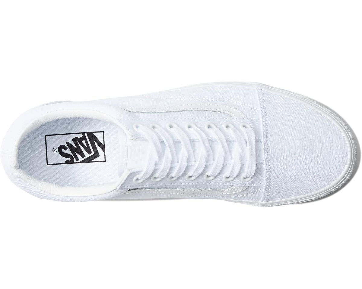 White Vans low-top sneaker toe view with lace-up front and Vans tongue tag