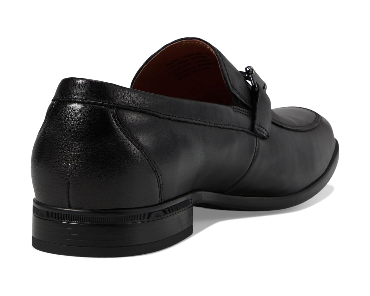 Black moc-toe bit loafer heel with stitched panels and brown interior lining