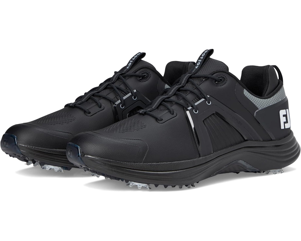 FootJoy men's golf shoes, black lace-up uppers with spiked outsole and FJ side logo