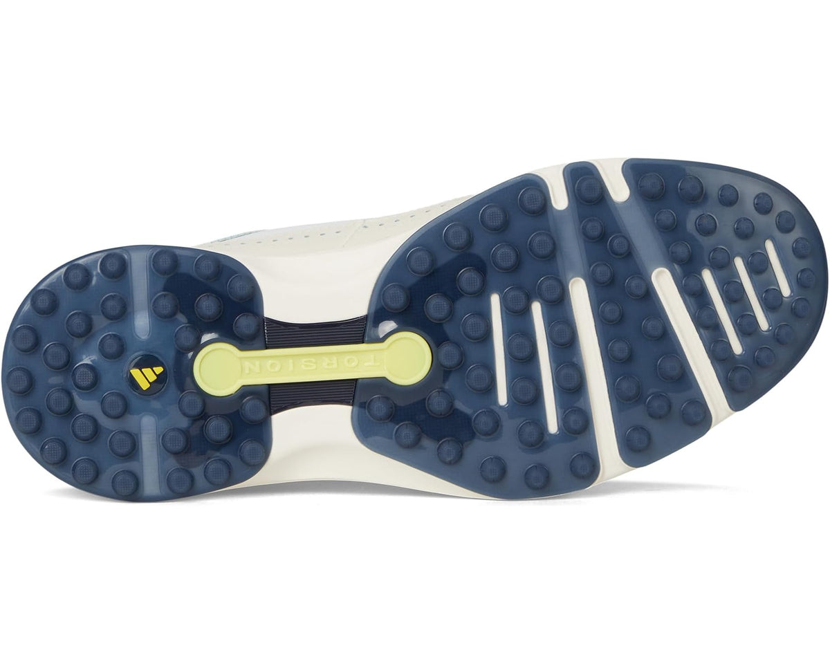 Men's adidas spikeless golf shoe outsole with molded tread in navy and off-white