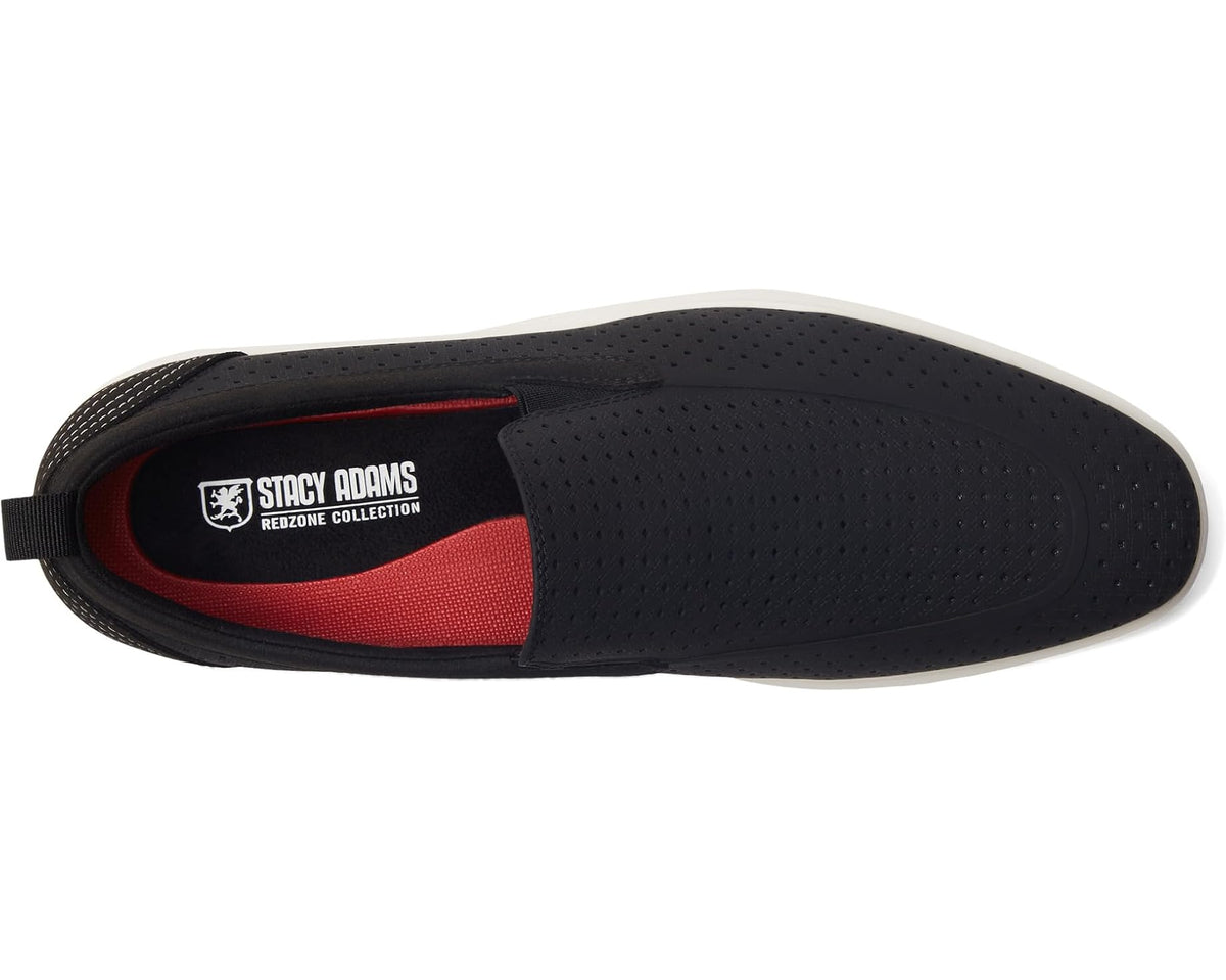 Men's black slip-on loafer with perforated upper and red fabric lining detail