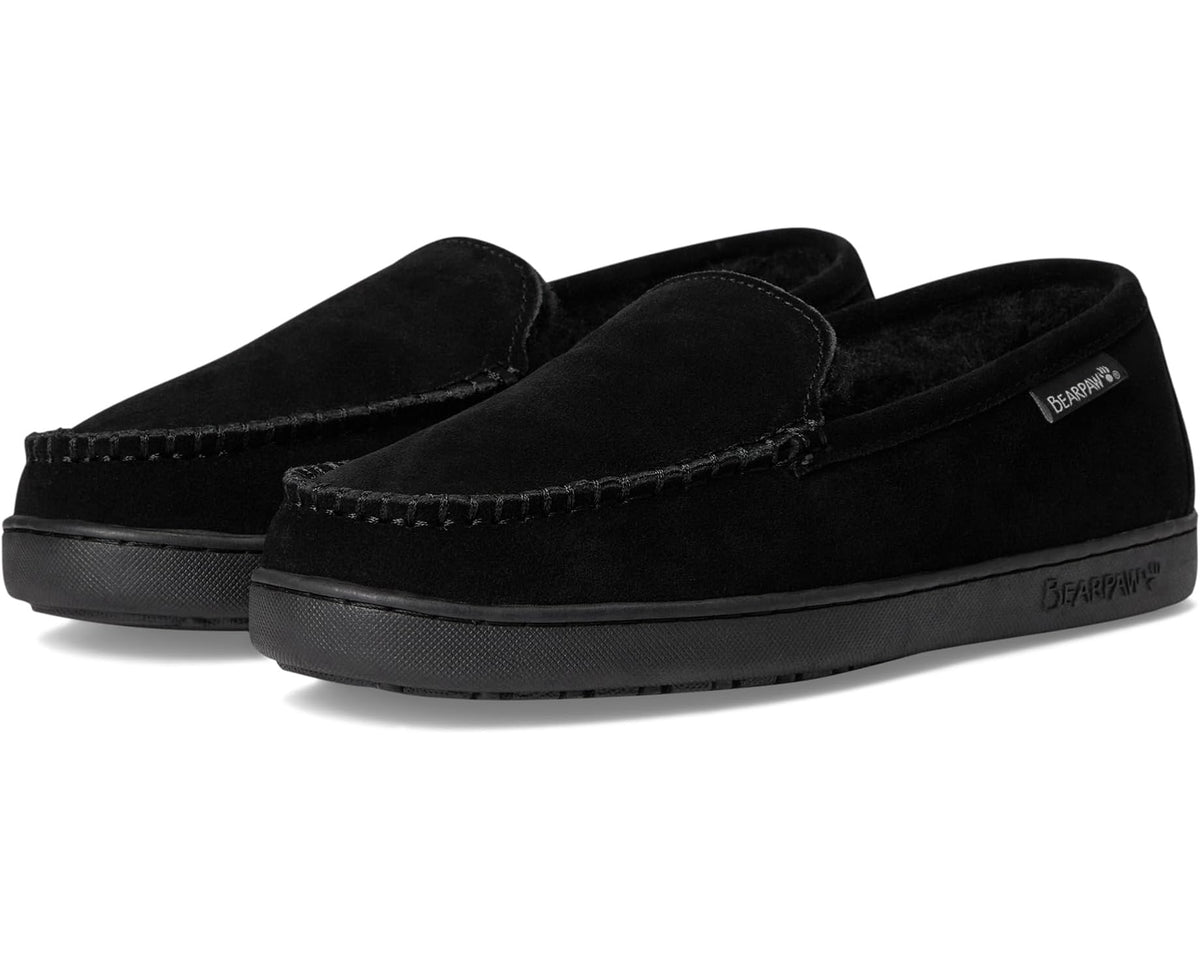 Men's black suede slip-on loafer with stitched moc toe and BEARPaw logo