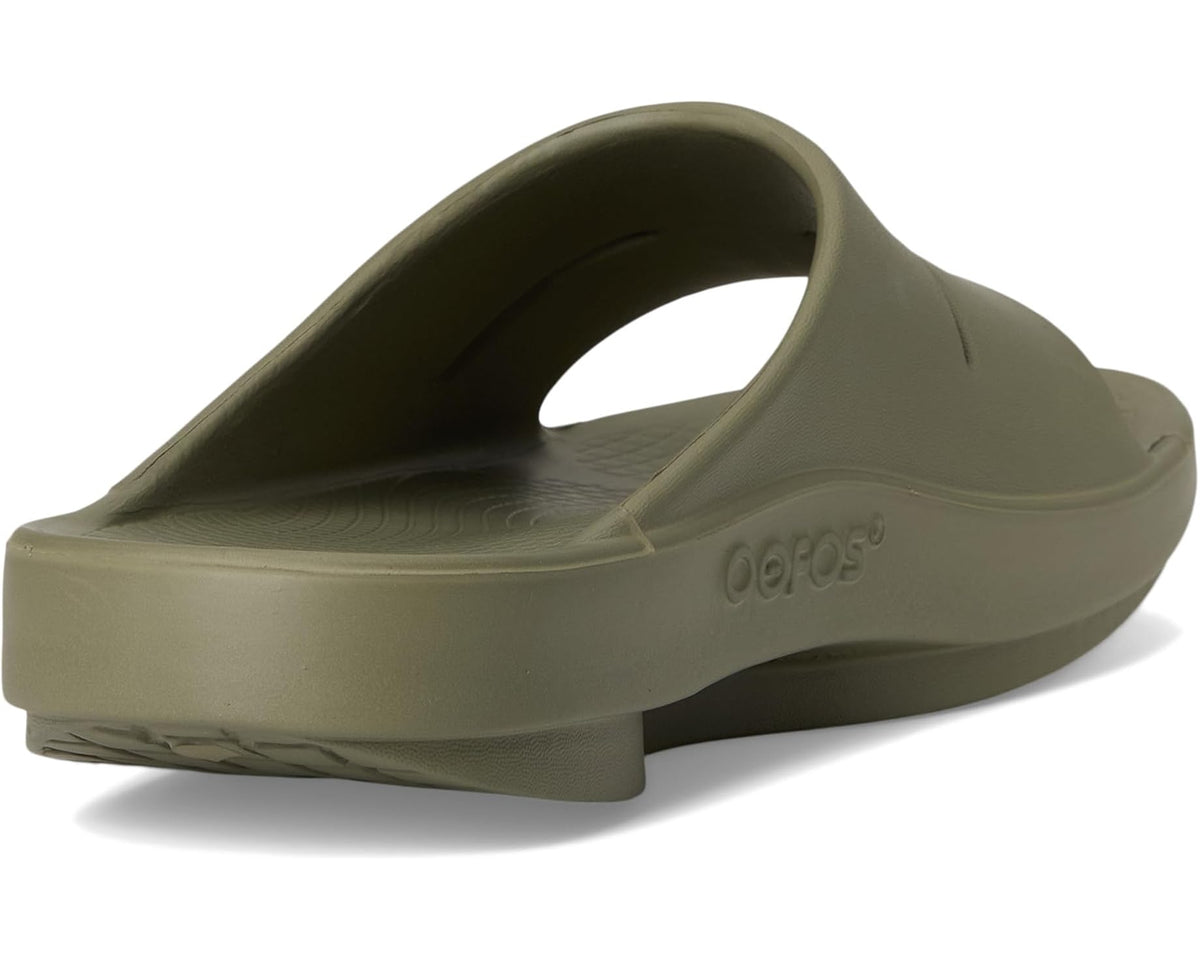 OOFOS foliage olive slide sandal heel view with contoured foam and logo